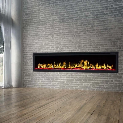 Königlicher 72-Zoll wandmontierter Elektrokamin mit LED-Flammen und dekorativen Kristallen/Holzscheiten